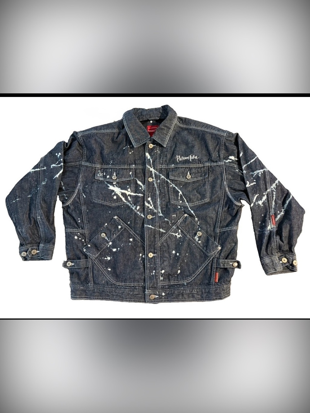 Vintage Platinum FUBU Mens Black Acid Splash Denim Jacket Size XL Y2K Streetwear